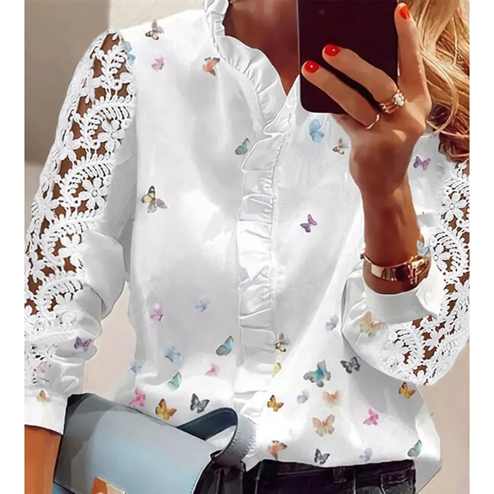 Lightweight v-neck butterfly print blouse for the office