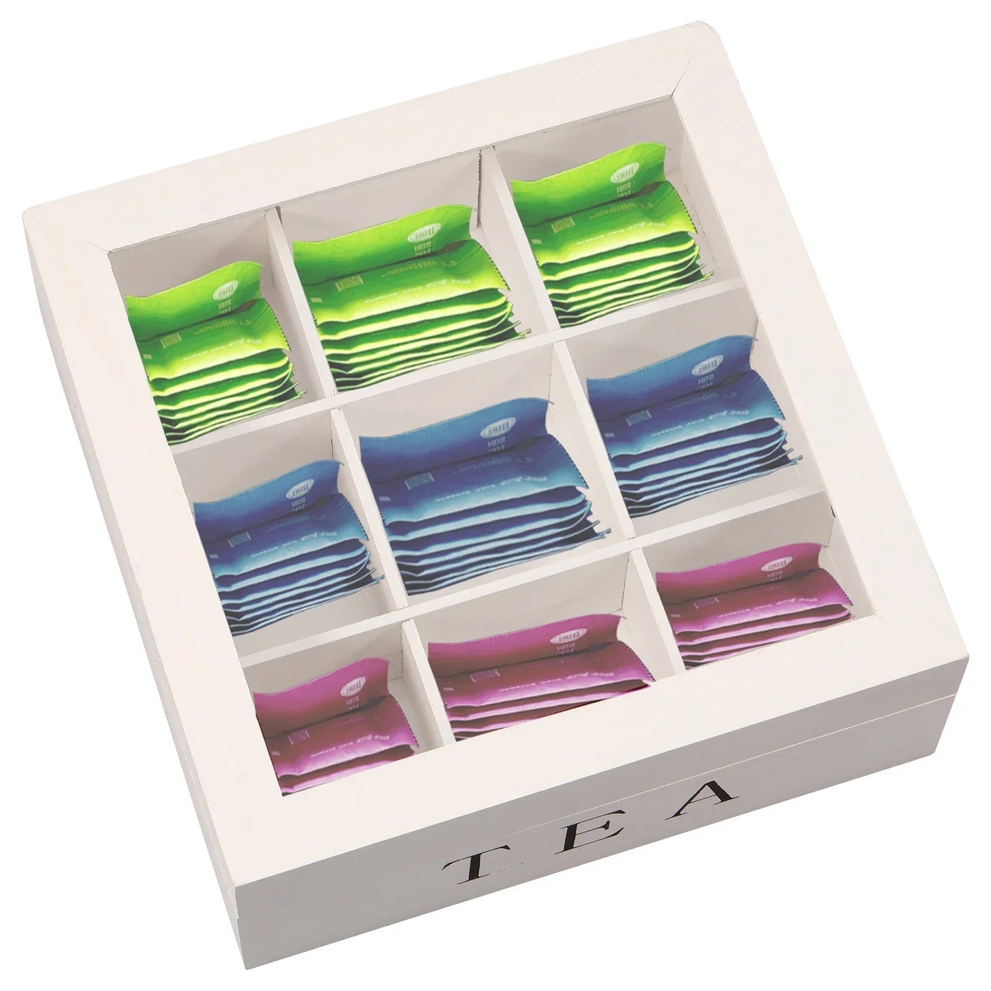 Wood Tea Bag Storage Box with Clear Lid 9 Compartments