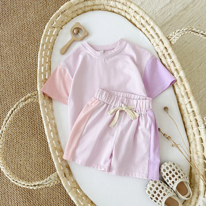 2Pcs Kids Solid Short Sleeve Elastic Waist Suit