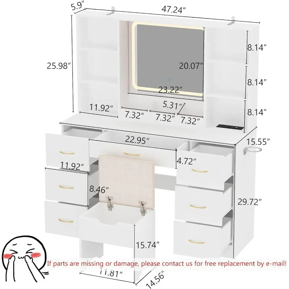 LED White Vanity Set With Stool and Power Outlet - MONLANE