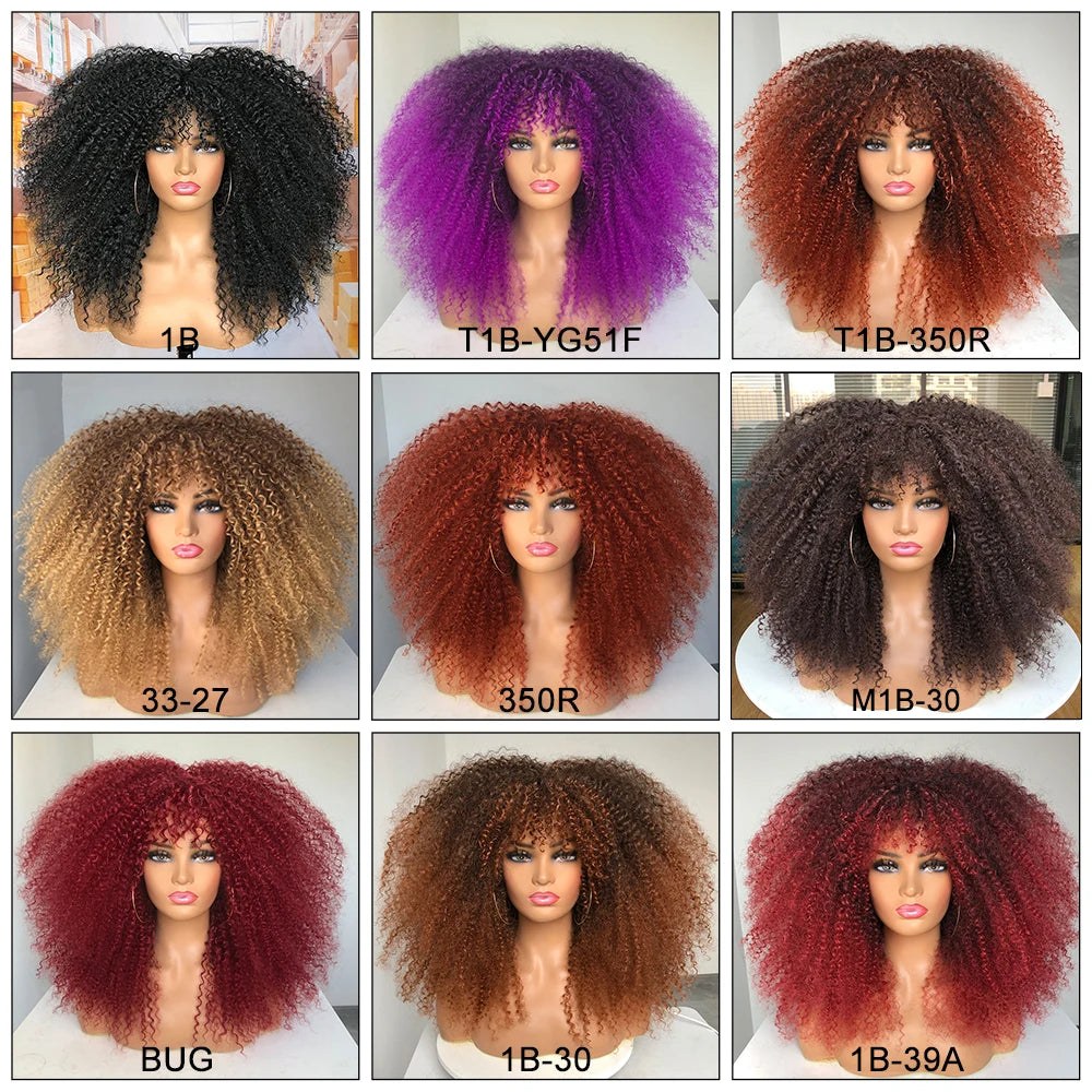 Curly Wig With Bangs Afro Synthetic Fiber