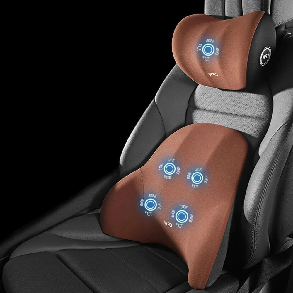 Relax on the go with our Car Massage Neck Pillow & Lumbar Support—vibrating comfort for your car or office to ease neck, back, and waist tension!
