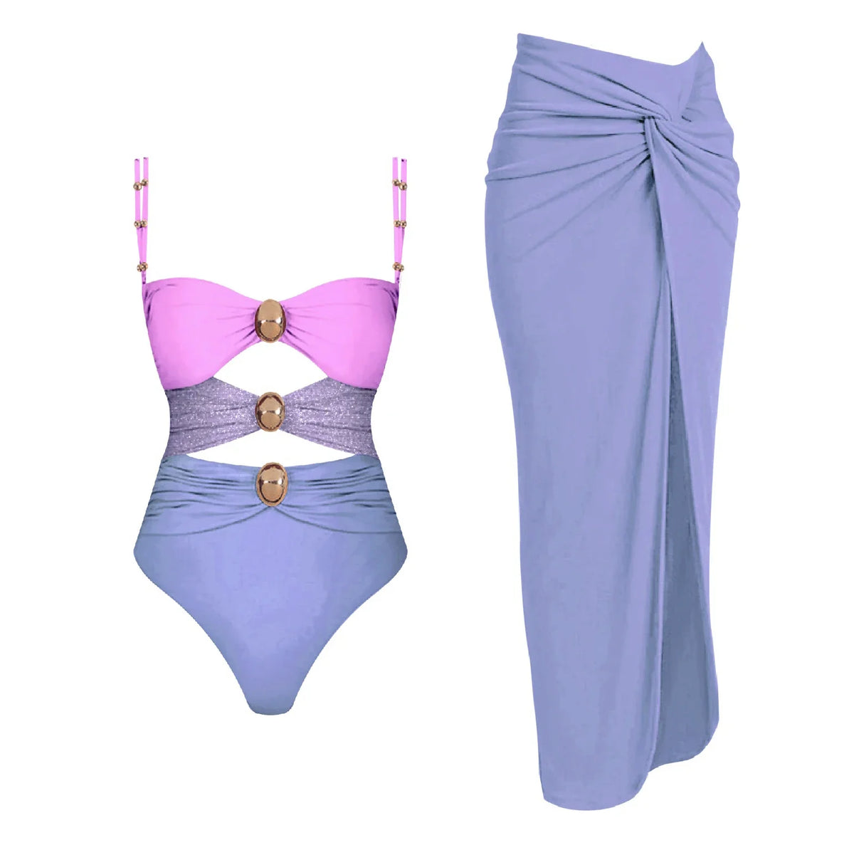 Cutout One-Piece Swimsuit with Matching Sarong Skirt