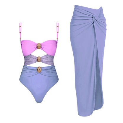 Cutout One-Piece Swimsuit with Matching Sarong Skirt