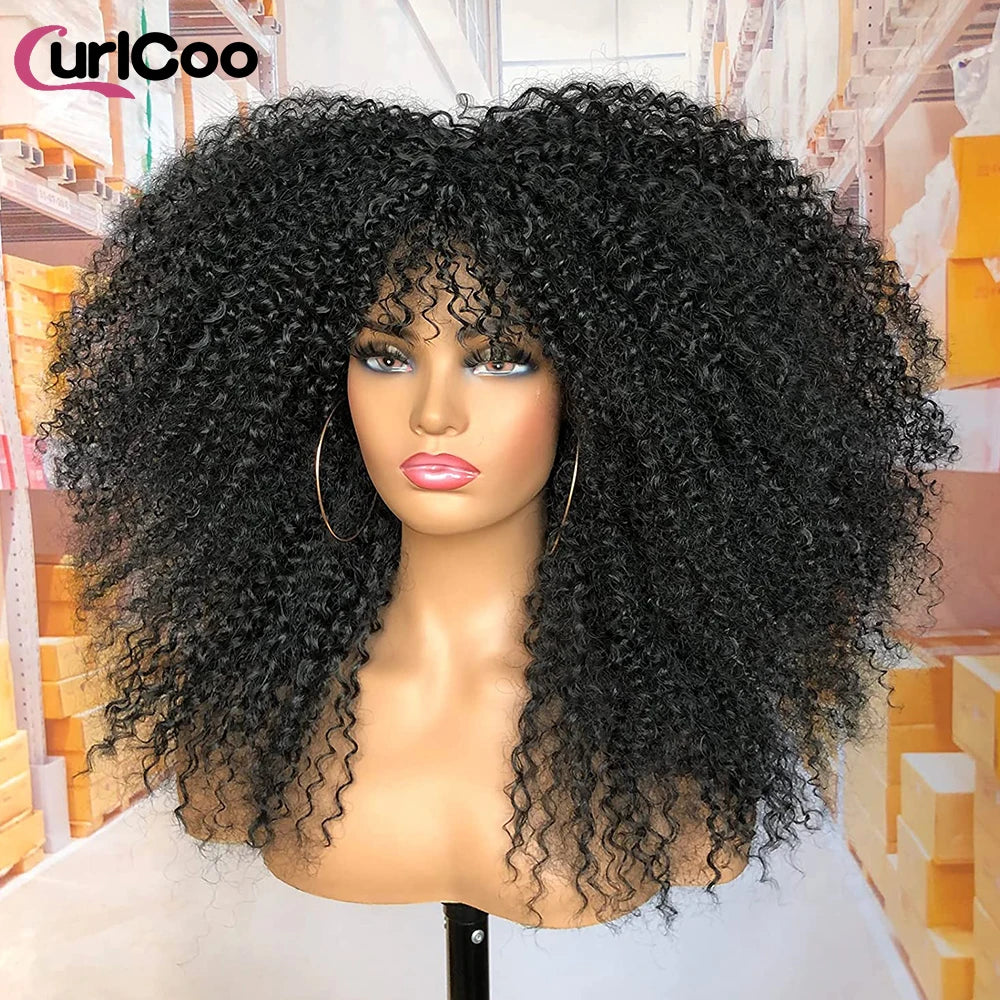 Curly Wig With Bangs Afro Synthetic Fiber