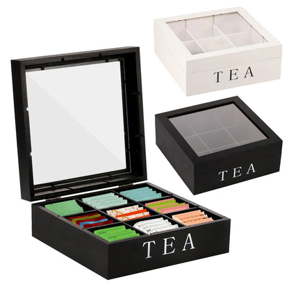 Wood Tea Bag Storage Box with Clear Lid 9 Compartments