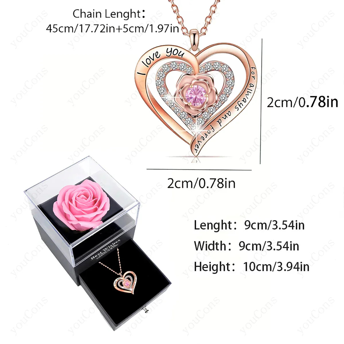Pink Heart Pendant Necklaces With Rose Gift Box