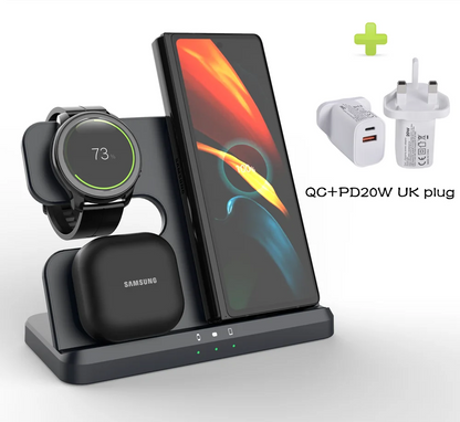 3-in-1 wireless charging station in black with 20W UK plug