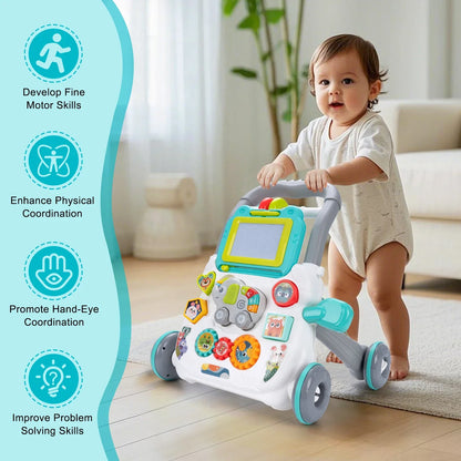 Cartoon Baby Push Walker Toy with Drawing Board Music