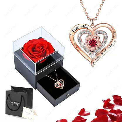 Pink Heart Pendant Necklaces With Rose Gift Box
