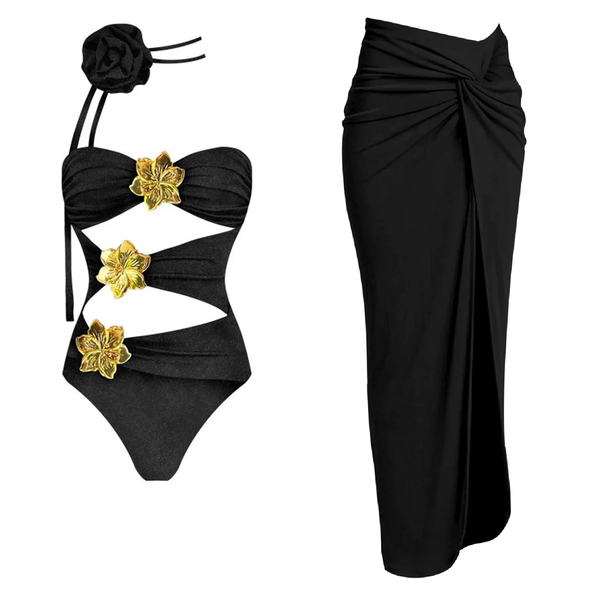 Cutout One-Piece Swimsuit with Matching Sarong Skirt