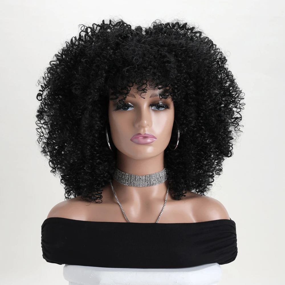 Afro Kinky Curly Hair Wigs With Bangs Synthetic Fiber