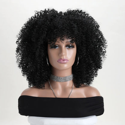 Afro Kinky Curly Hair Wigs With Bangs Synthetic Fiber