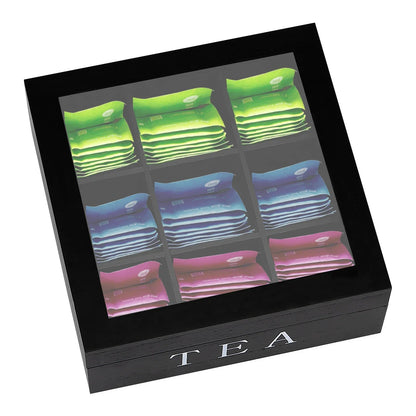 Wood Tea Bag Storage Box with Clear Lid 9 Compartments