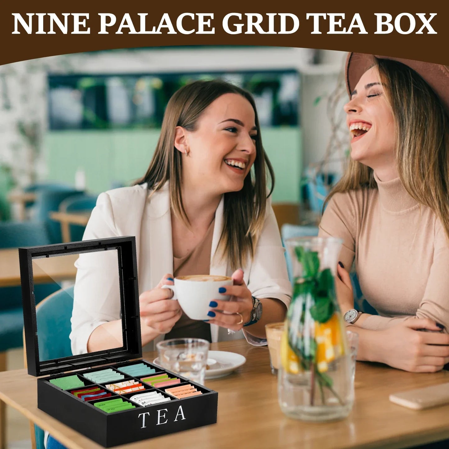 Wood Tea Bag Storage Box with Clear Lid 9 Compartments