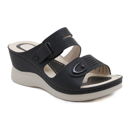 Peep toe wedge beach sandals in black