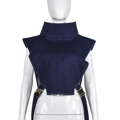 Denim Strapless Jacket Stand Collar Crop Top for Women