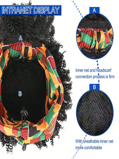 Black women's curly hair wig with headscarf