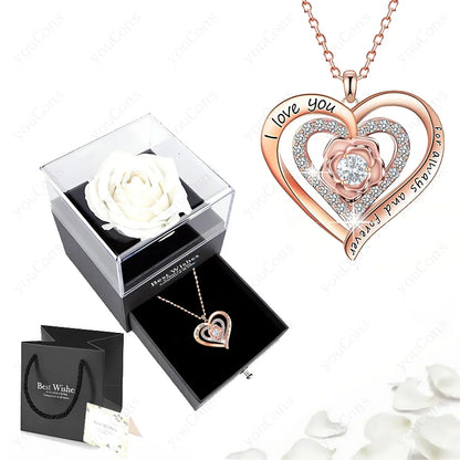 Pink Heart Pendant Necklaces With Rose Gift Box