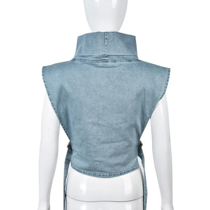 Denim Strapless Jacket Stand Collar Crop Top for Women