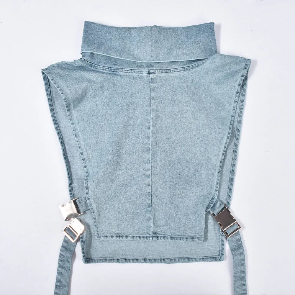 Denim Strapless Jacket Stand Collar Crop Top for Women