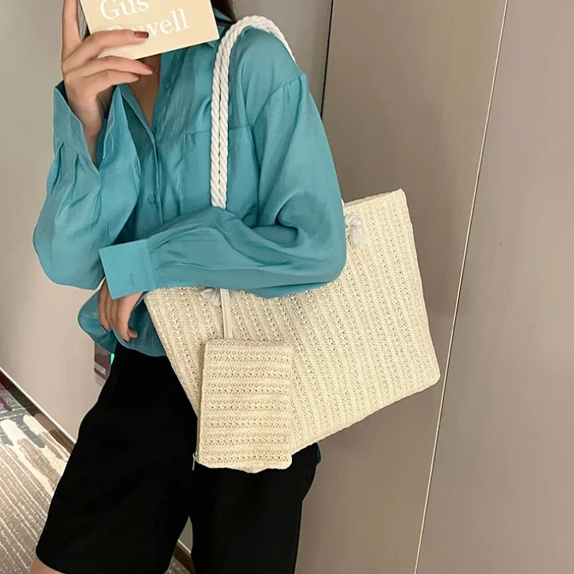 Large woven straw tote, view 3