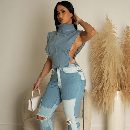Denim Strapless Jacket Stand Collar Crop Top for Women