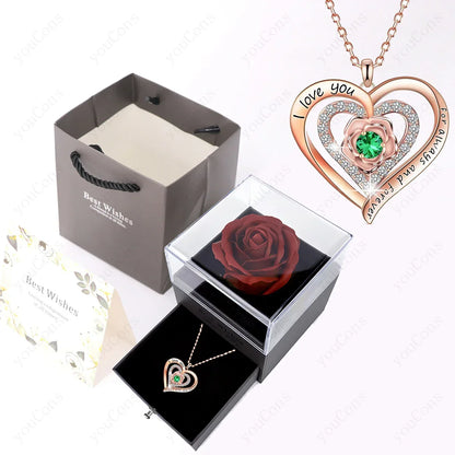 Pink Heart Pendant Necklaces With Rose Gift Box