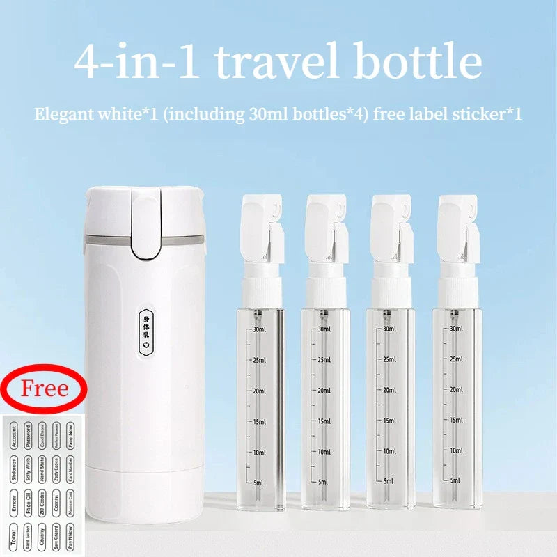 Carry-on toiletry dispenser with 4 refillable chambers in white