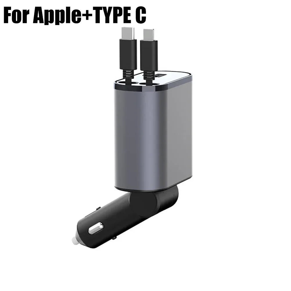 Retractable car charger with Lightning and USB-C cables
