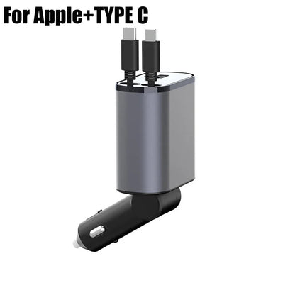 Retractable car charger with Lightning and USB-C cables