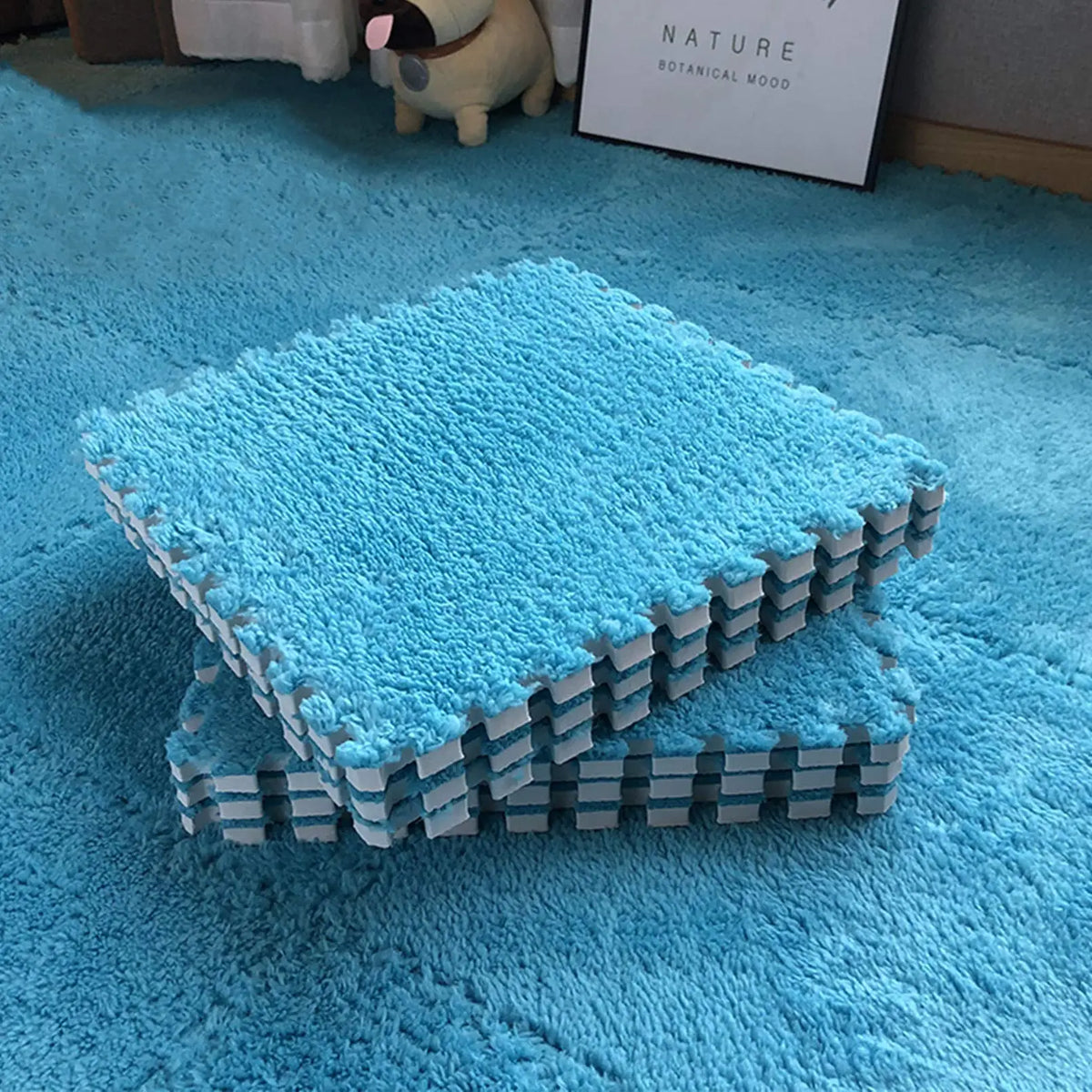 Plush foam play mat tiles in blue