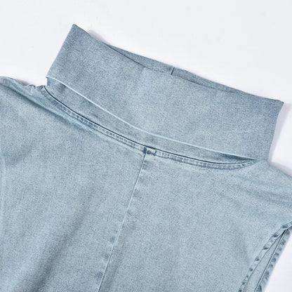 Denim Strapless Jacket Stand Collar Crop Top for Women