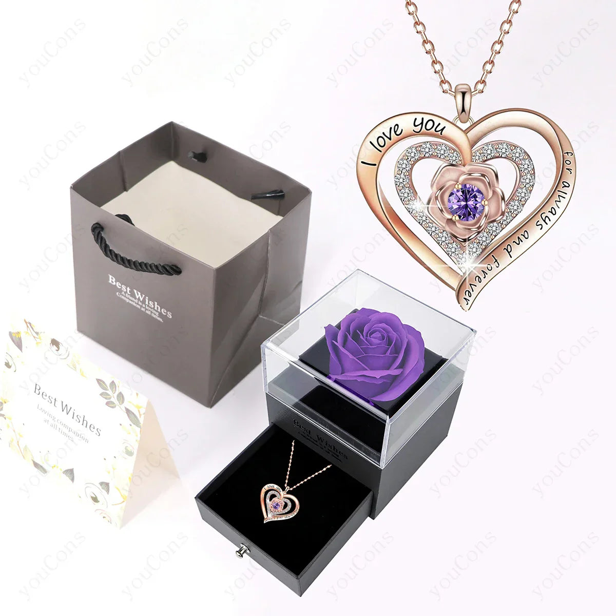 Pink Heart Pendant Necklaces With Rose Gift Box