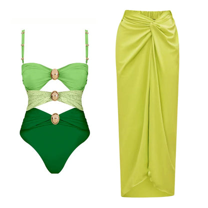 Cut Out One Piece Swimsuit with Skirt