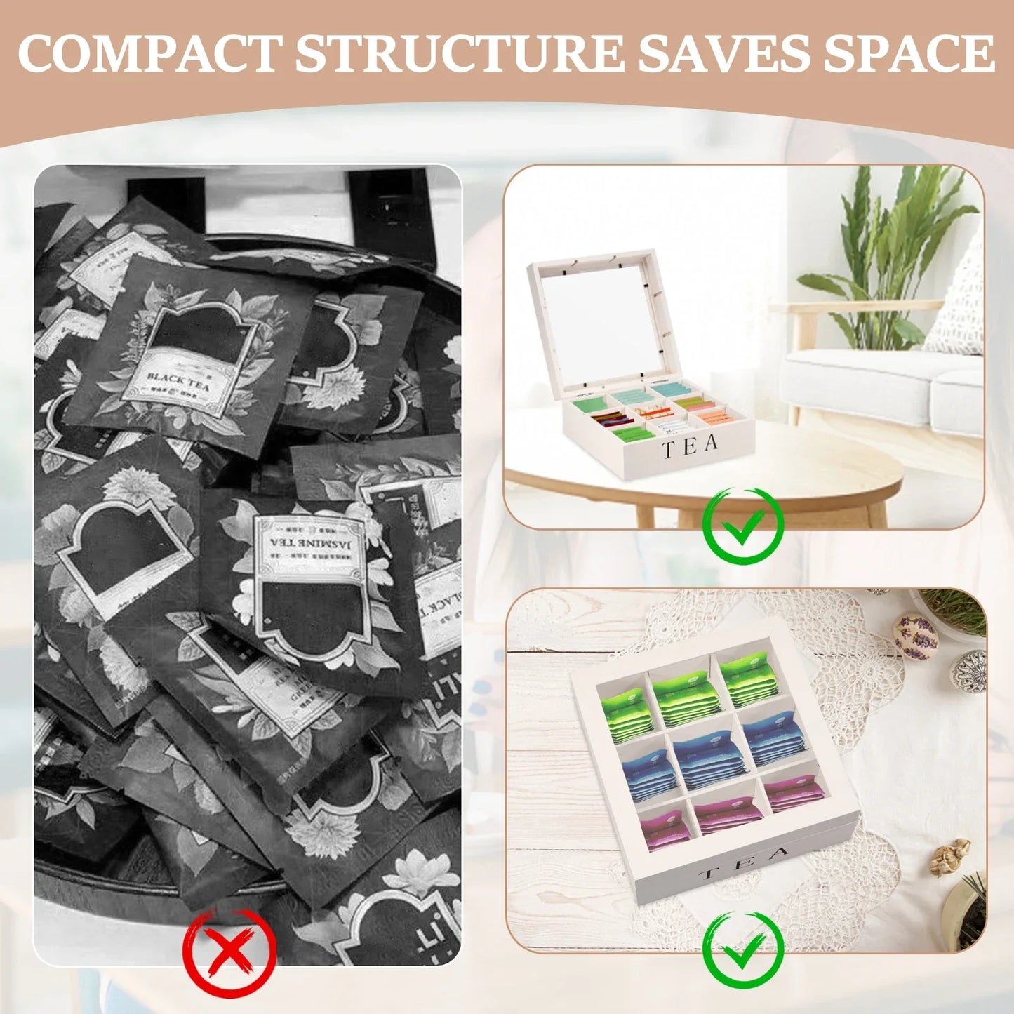 Wood Tea Bag Storage Box with Clear Lid 9 Compartments