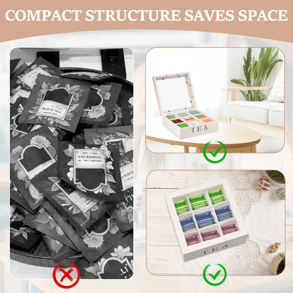Wood Tea Bag Storage Box with Clear Lid 9 Compartments