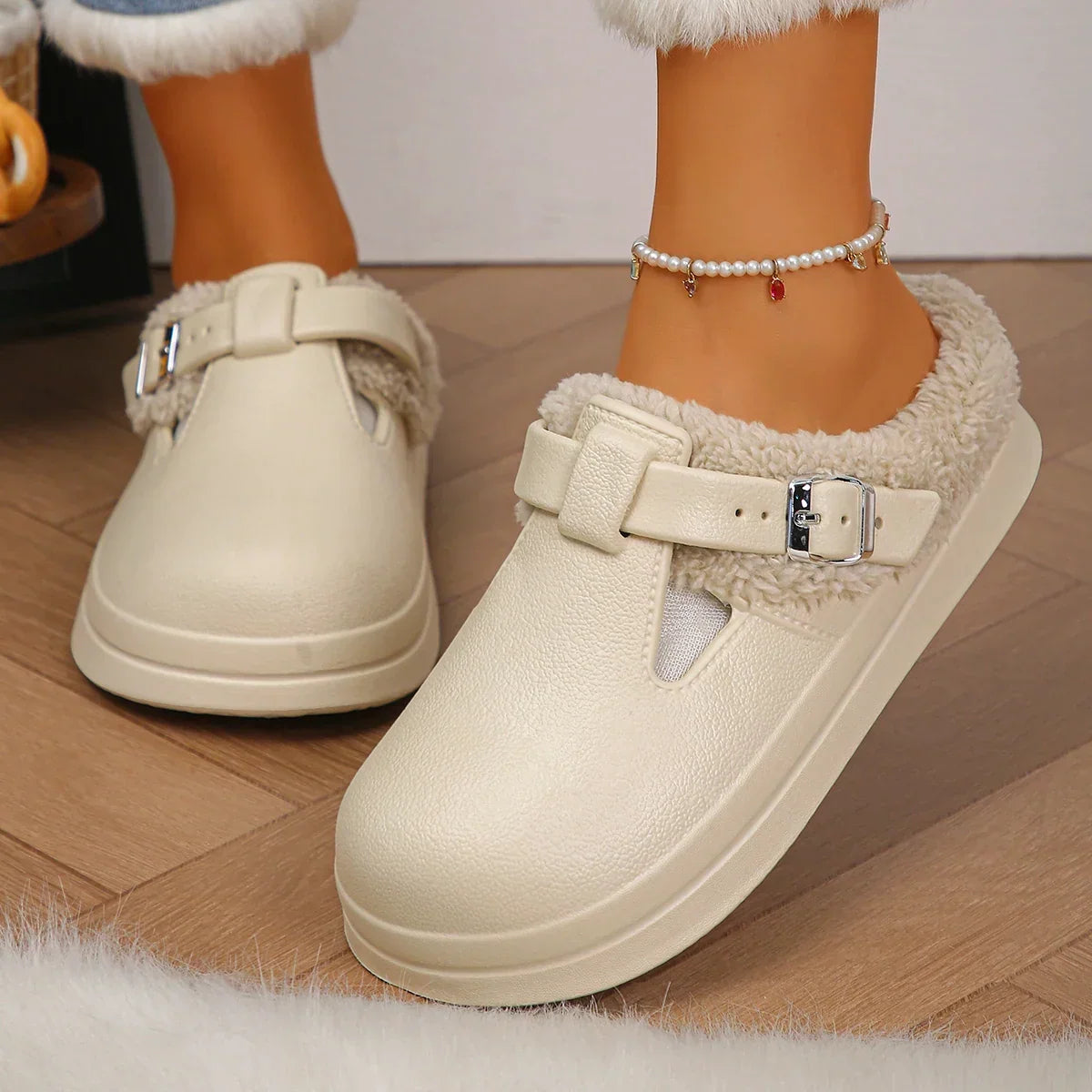 Plush-Lined EVA Mule Slippers with Metal Buckle