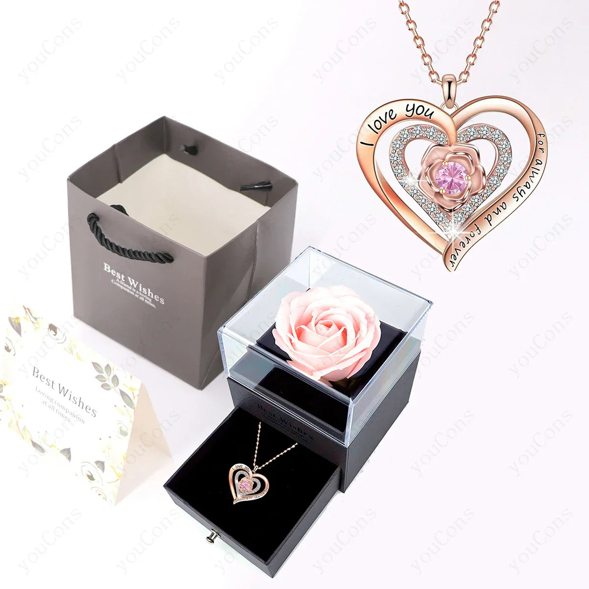 Pink Heart Pendant Necklaces With Rose Gift Box
