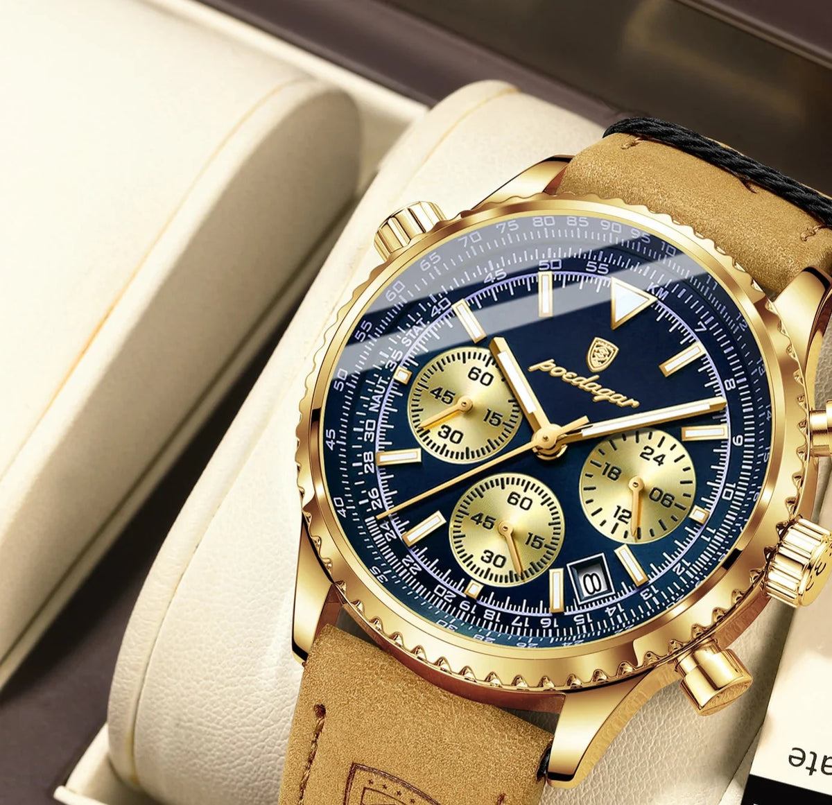 Quartz date watch in gold case, blue dial