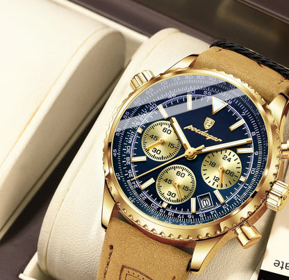 Quartz date watch in gold case, blue dial