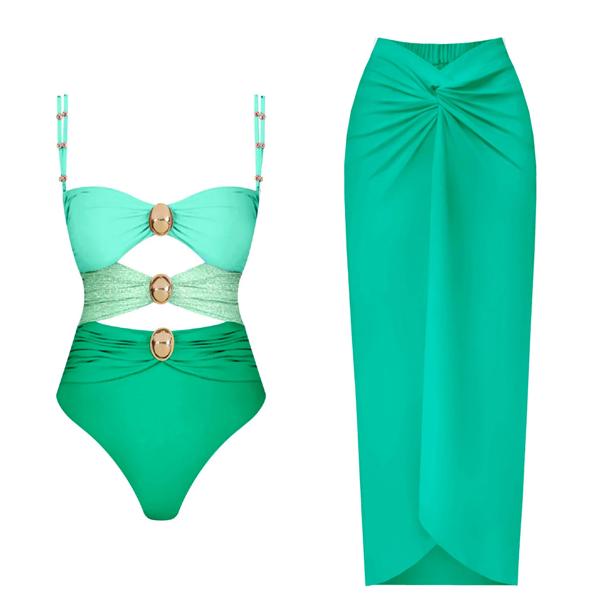 Cutout One-Piece Swimsuit with Matching Sarong Skirt