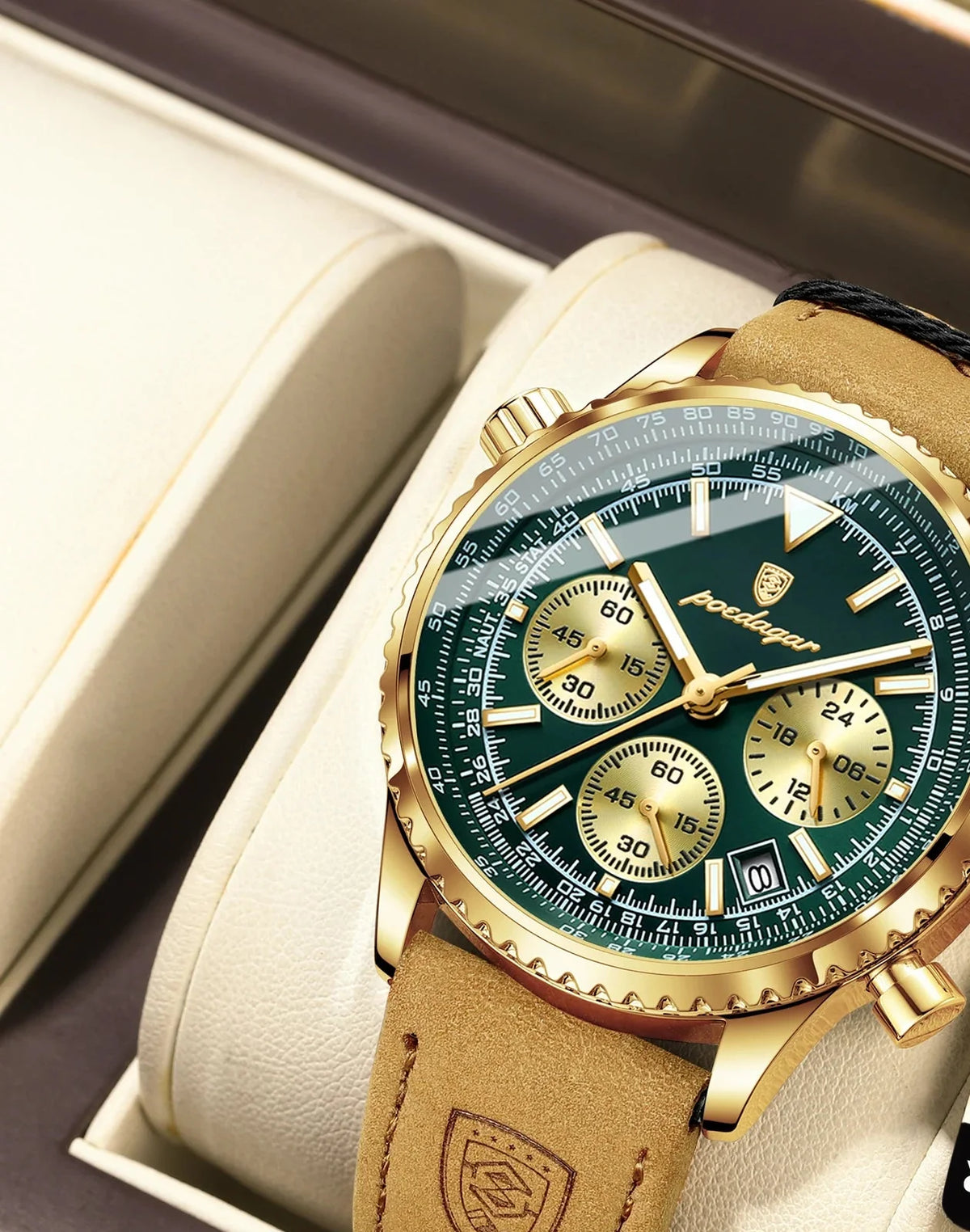 Quartz date watch in gold case, green dial