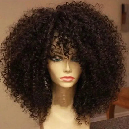 Afro Kinky Curly Hair Wigs With Bangs Synthetic Fiber