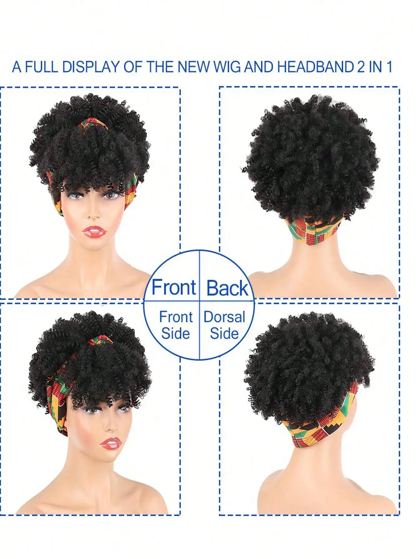 Black women's curly hair wig with headscarf