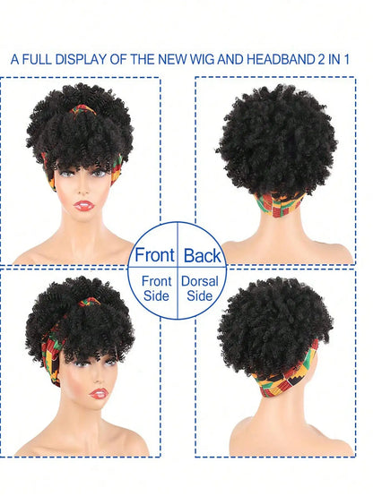 Black women's curly hair wig with headscarf
