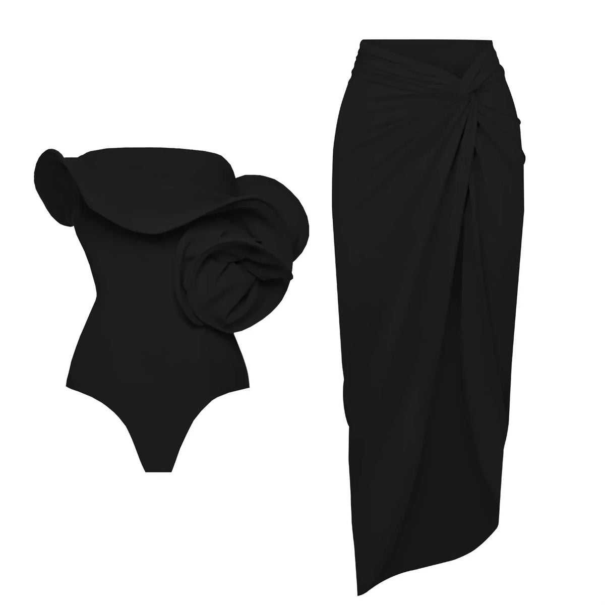 3D rose swimsuit and wrap skirt set in Black