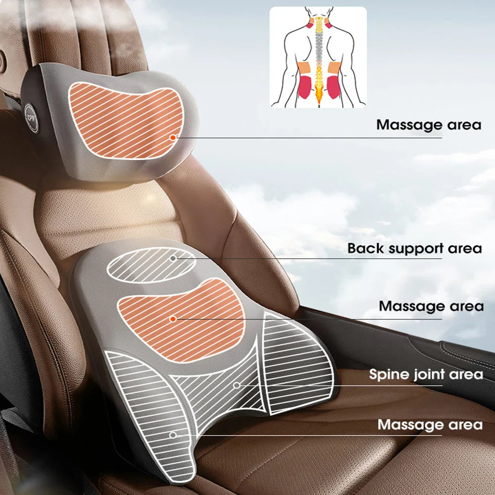 Relax on the go with our Car Massage Neck Pillow & Lumbar Support—vibrating comfort for your car or office to ease neck, back, and waist tension!