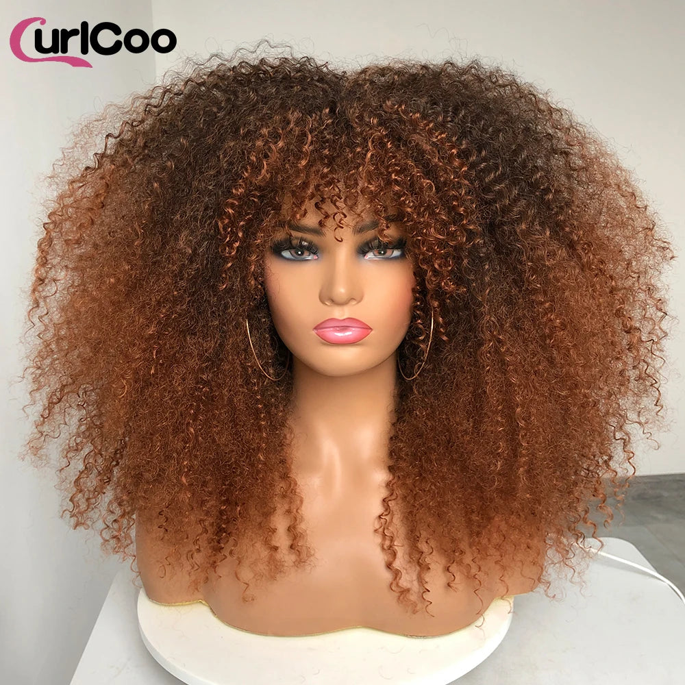Curly Wig With Bangs Afro Synthetic Fiber