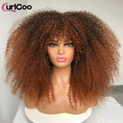 Curly Wig With Bangs Afro Synthetic Fiber